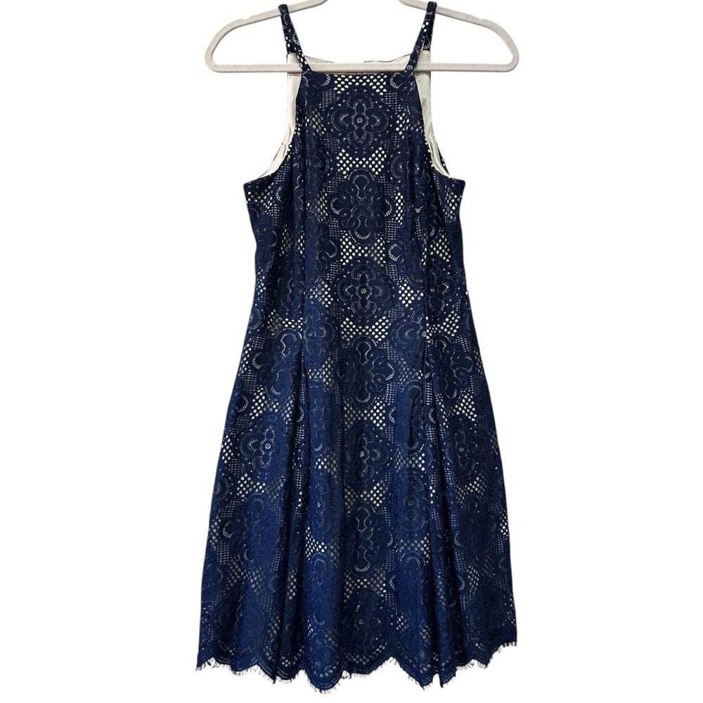 Vince Camuto Navy Romantic Lace Halter Fit and Flare Dress with Lining, Size 8